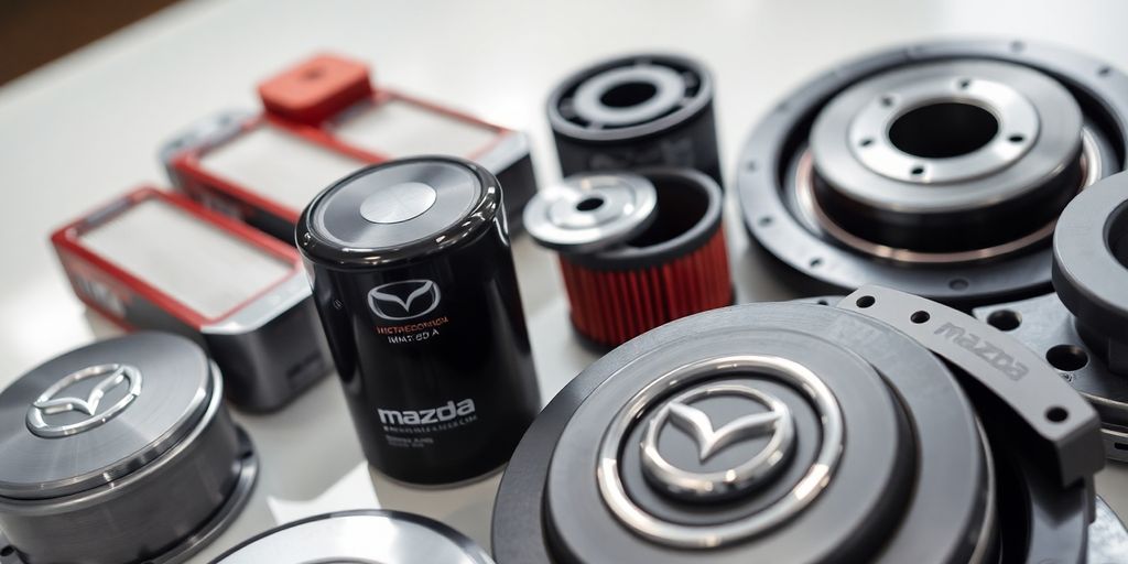 Mazda car parts arranged neatly.