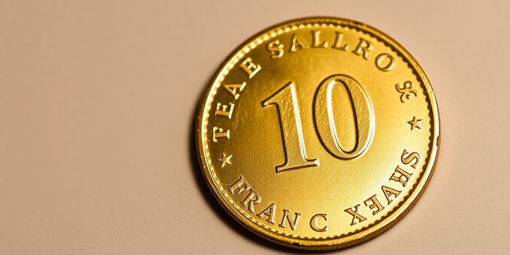 Une pièce d'or de 10 Francs français posée sur un fond neutre.