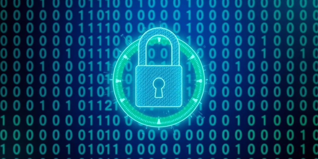 Digital lock on binary code background for information security.