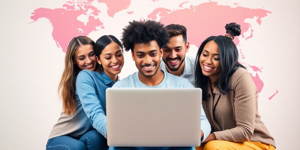 Group of diverse professionals collaborating on a laptop against a world map background, illustrating global team communication and engagement with AONMeetings.