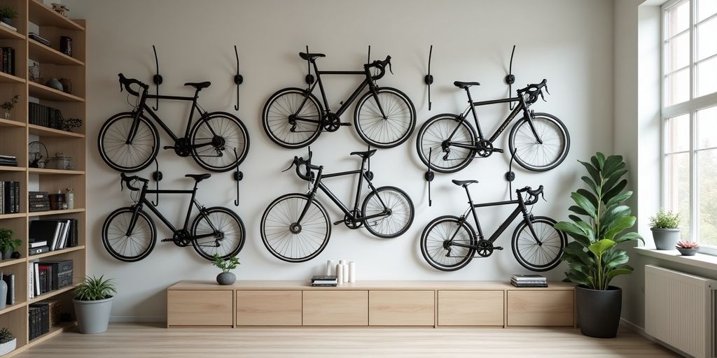 Bikes hanging on stylish wall hooks in a room.