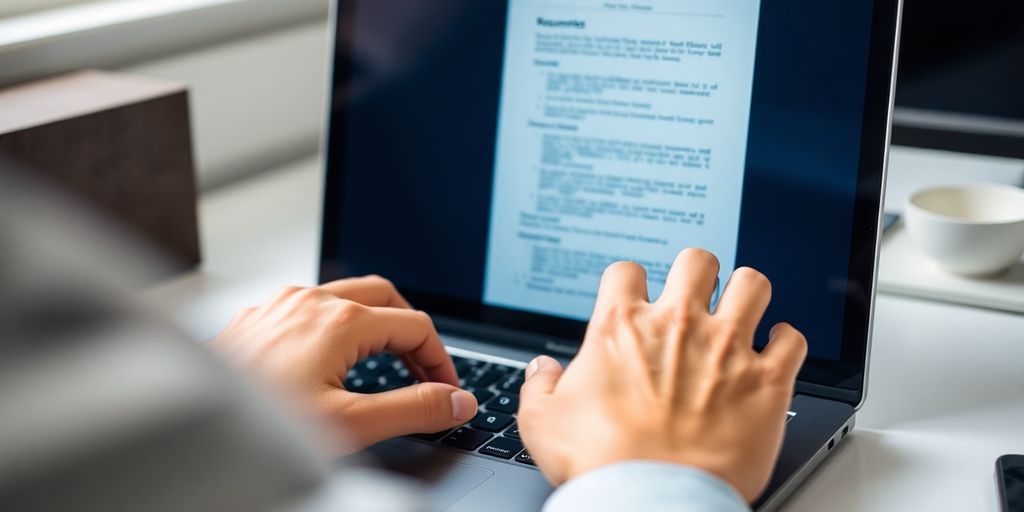 Resume on laptop screen with hands typing.