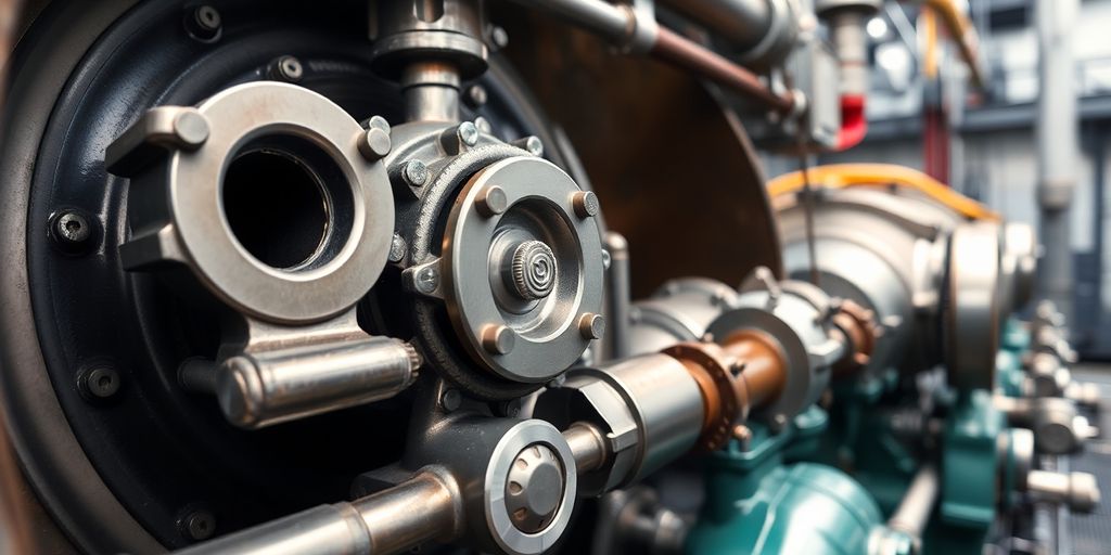 Close-up of turbine auxiliaries in a power plant.