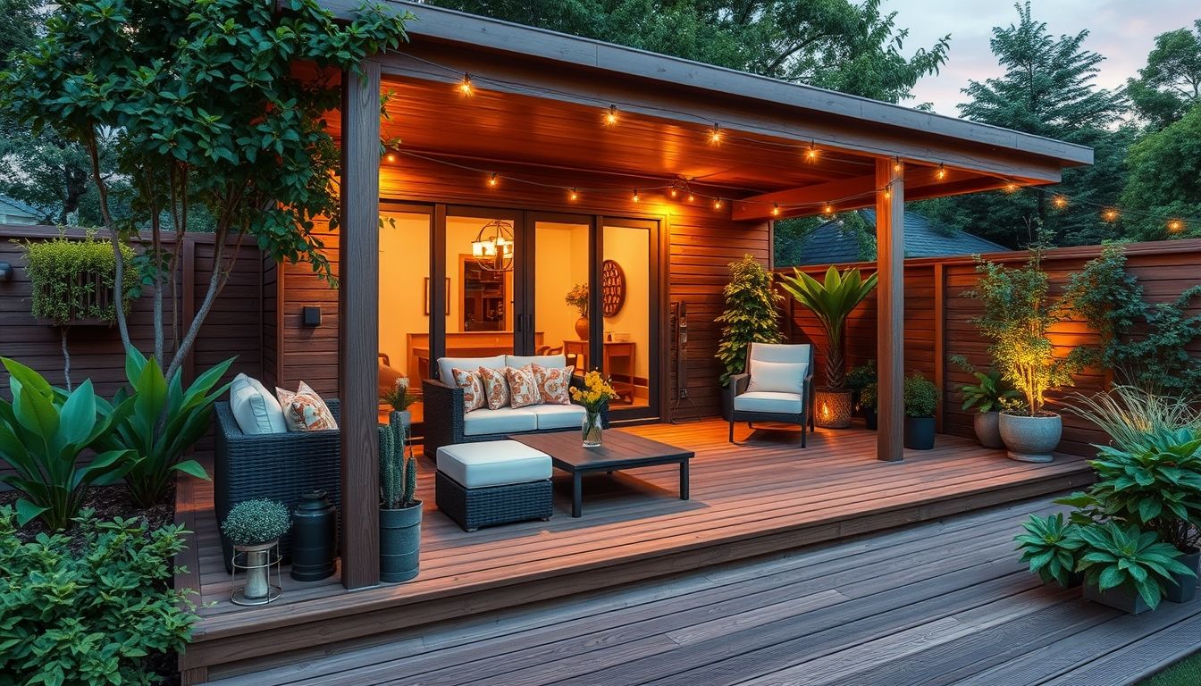 Illustrative wooden deck with furniture and greenery.