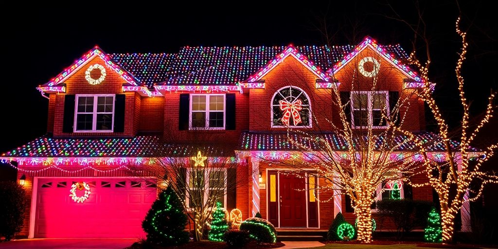 Professionally installed Christmas lights on a home exterior.