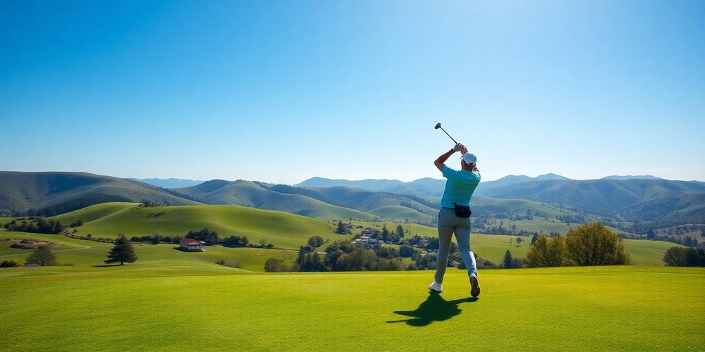 Golfer swinging on a beautiful green golf course.