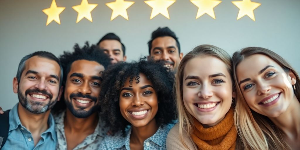 Happy customers, stars, glowing positive reviews.