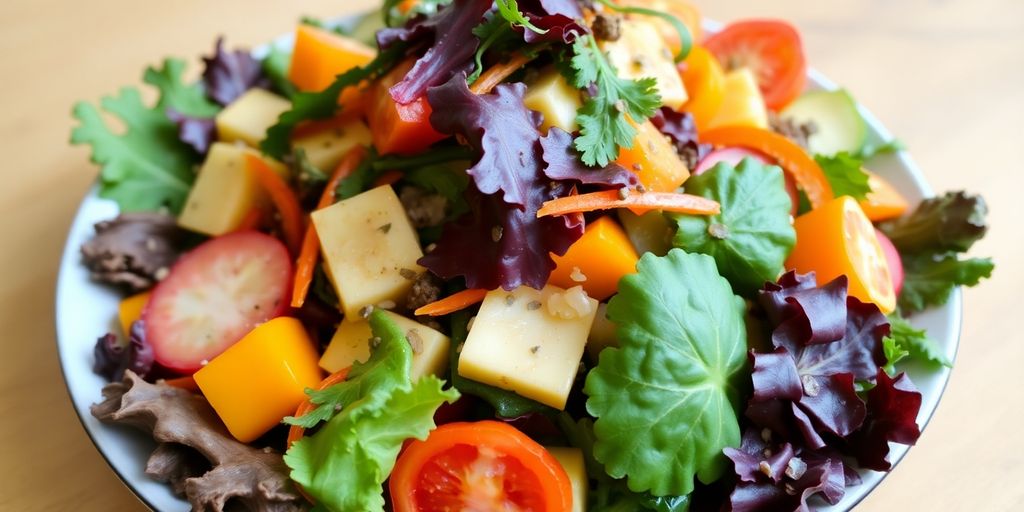 Colorful vegetarian salad with fresh greens and vegetables.