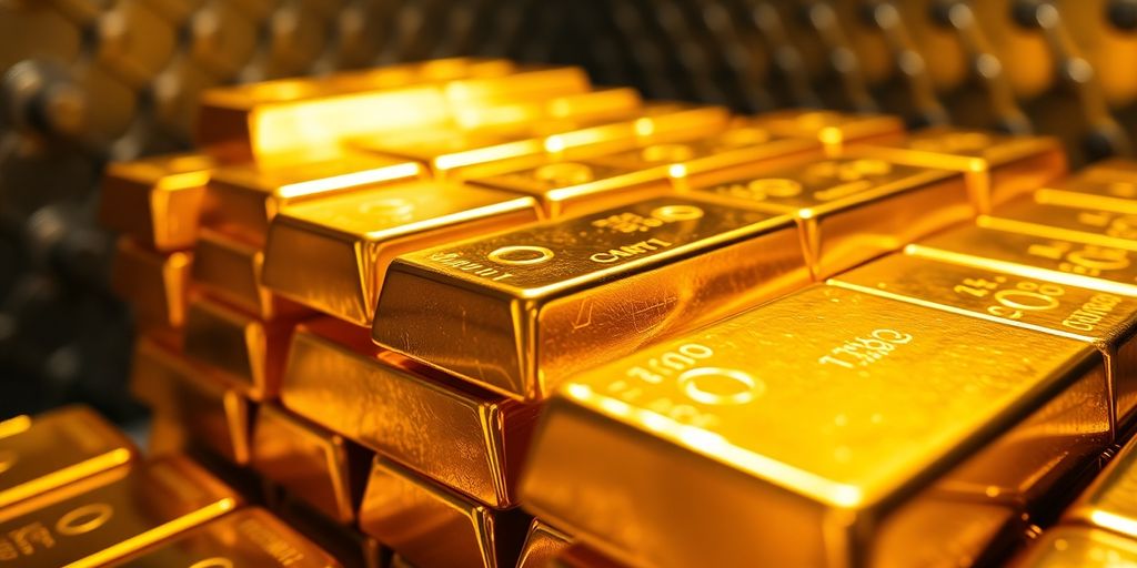 Lingots d'or brillants sous une lumière dorée.
