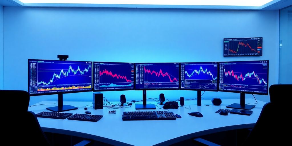 Modern trading desk with cryptocurrency monitors and blue lighting.