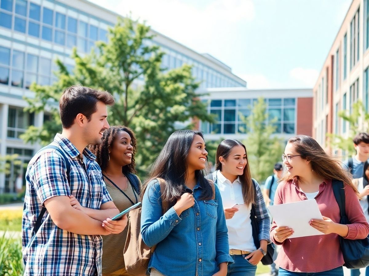 Diverse engineering students collaborating on a college campus.