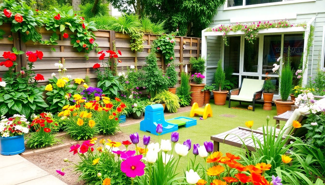 A colourful garden with play area and seating.