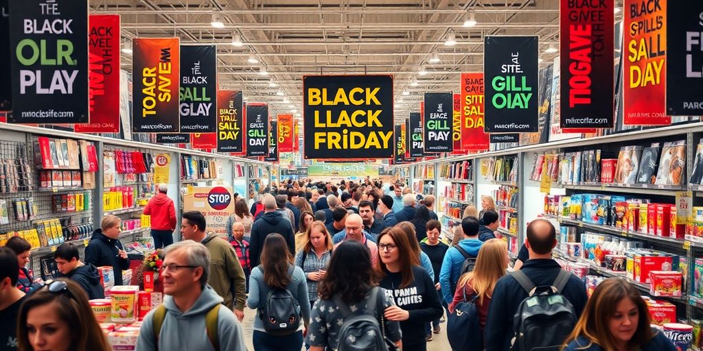 Imagem de compradores animados na Black Friday.