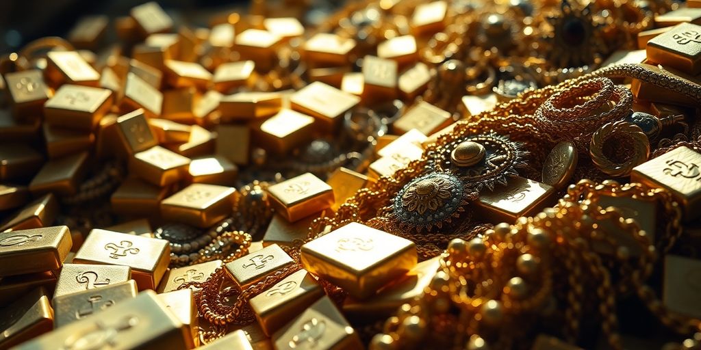 Trésor nazi volé, lingots d'or et bijoux anciens.