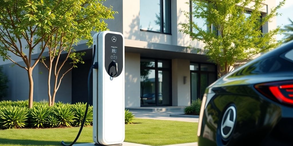 Borne de recharge électrique devant un bâtiment moderne