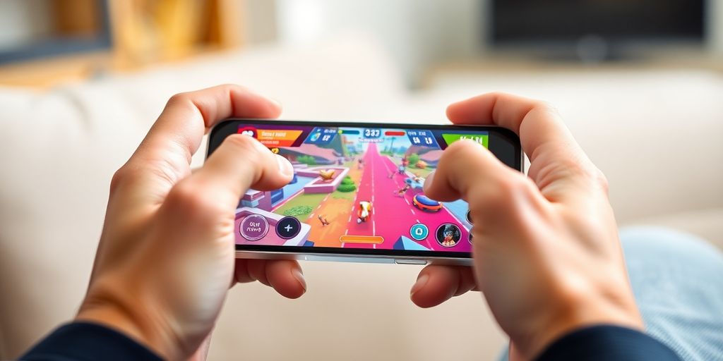 Hands holding smartphone, playing colorful mobile game.