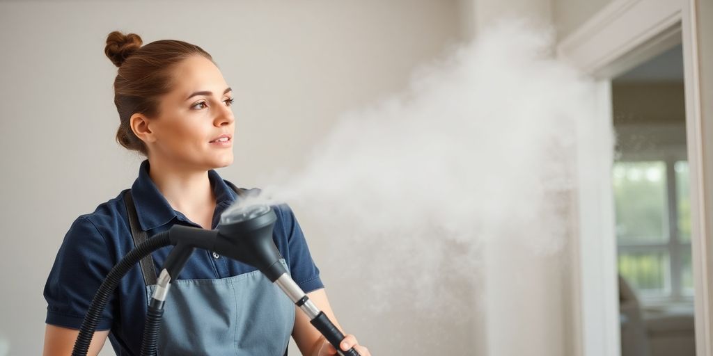 عامل تنظيف يستخدم جهاز تنظيف بالبخار