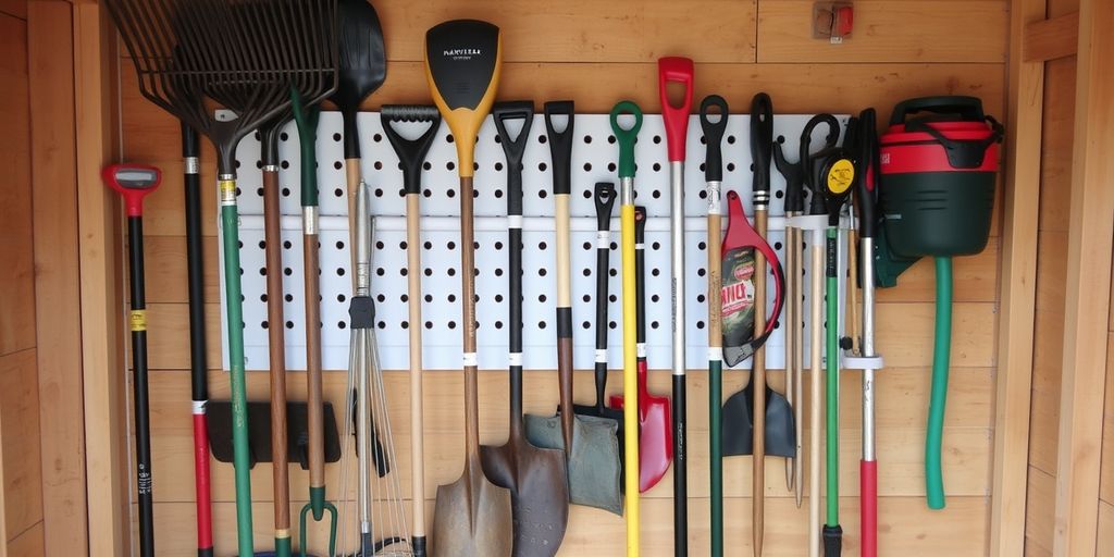 Organized shed with garden tools on wall-mounted organizer.