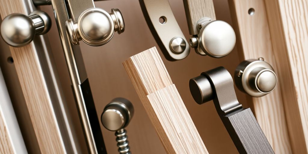 Different closet door hardware fittings on display.