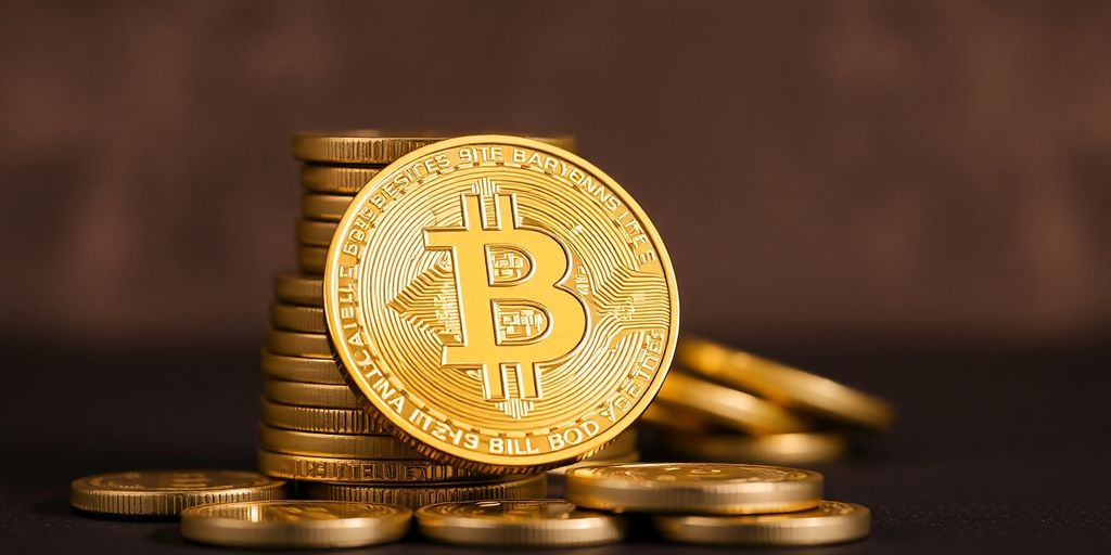 Bitcoin coins glittering on a dark surface.