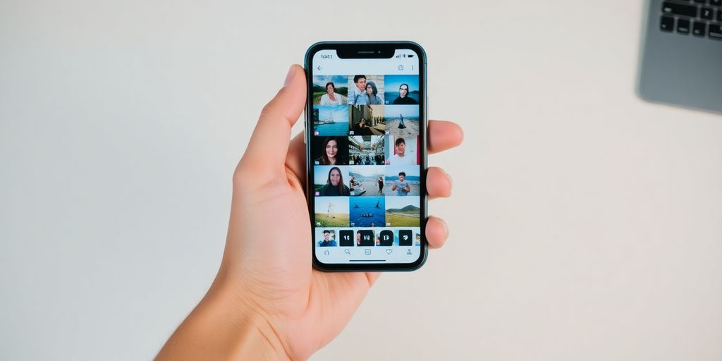Mão segurando celular com fotos na tela