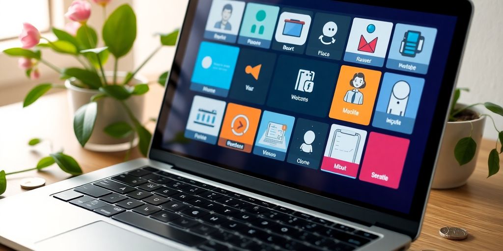 Laptop with remote work tools, money, and success elements.