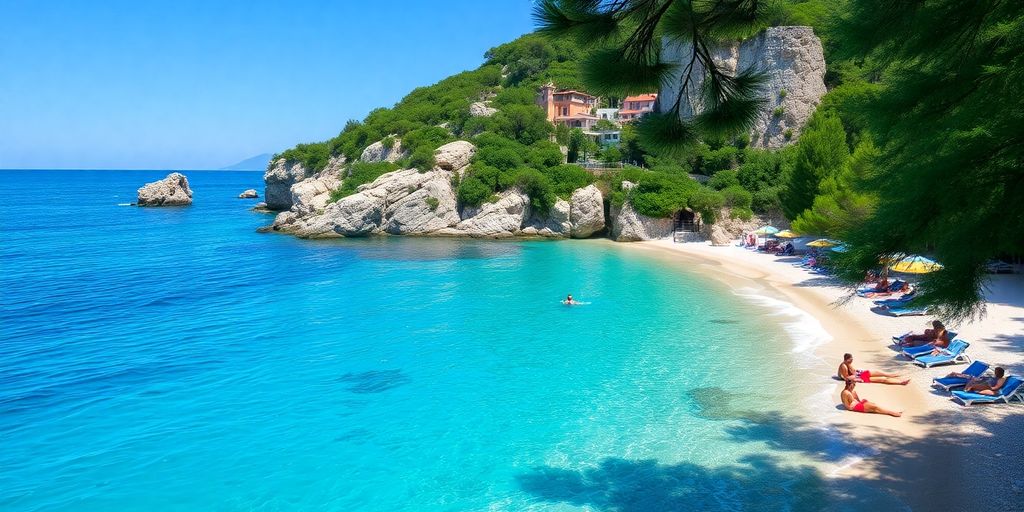 Schöner Sandstrand in Kroatien mit klarem Wasser.
