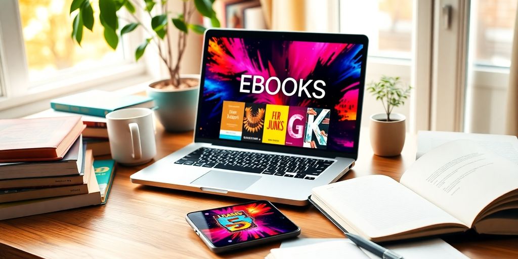 Home desk with laptop, books, coffee mug, potted plant, smartphone.