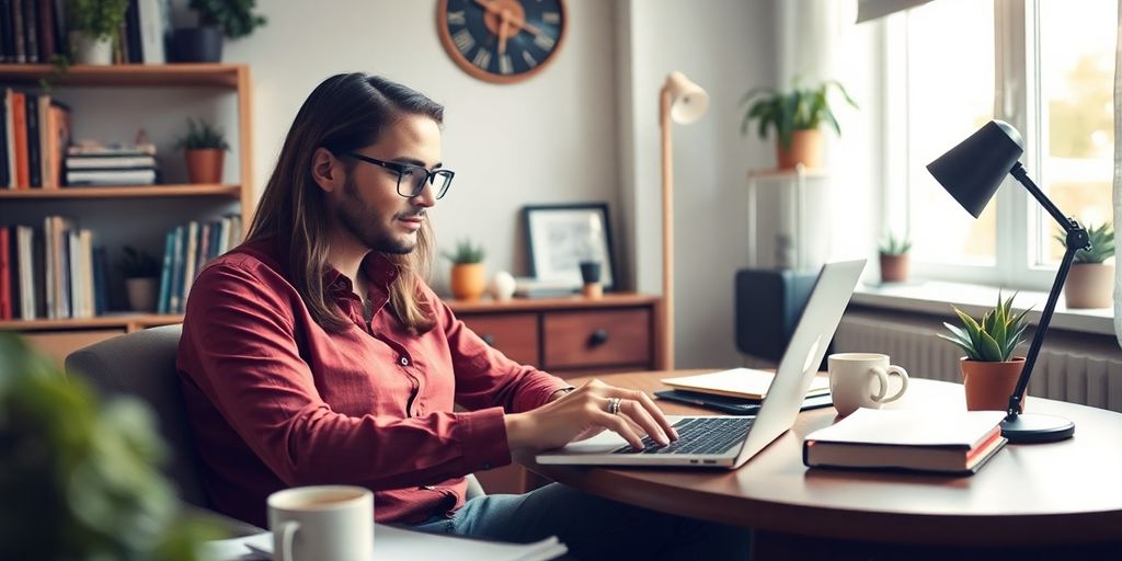 A writer working in a cozy home office.