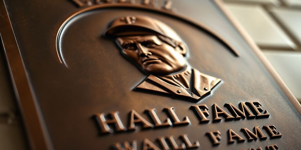 Close-up of a bronze baseball Hall of Fame plaque.