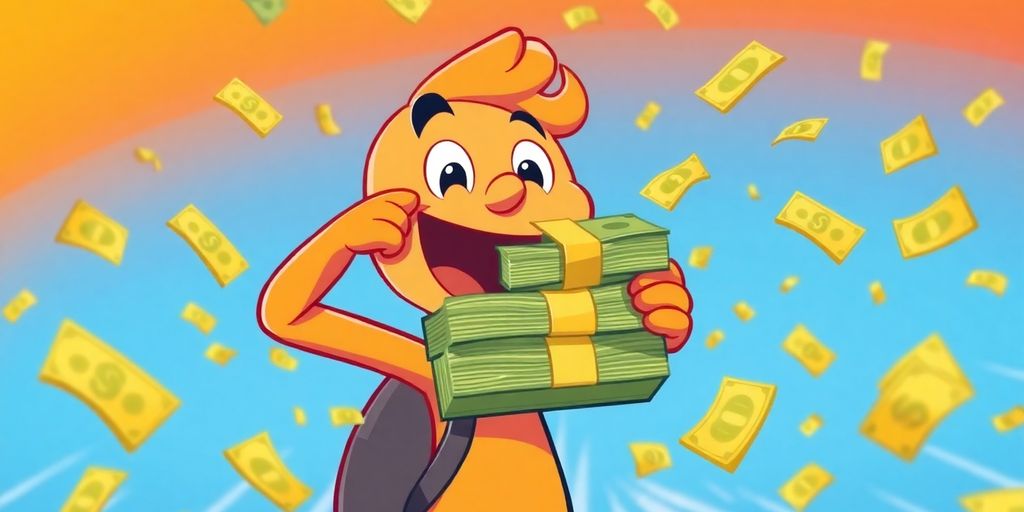 Cartoon hands holding cash raining down.