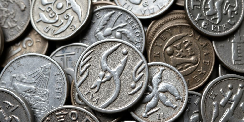 Monnaies anciennes en argent empilées.