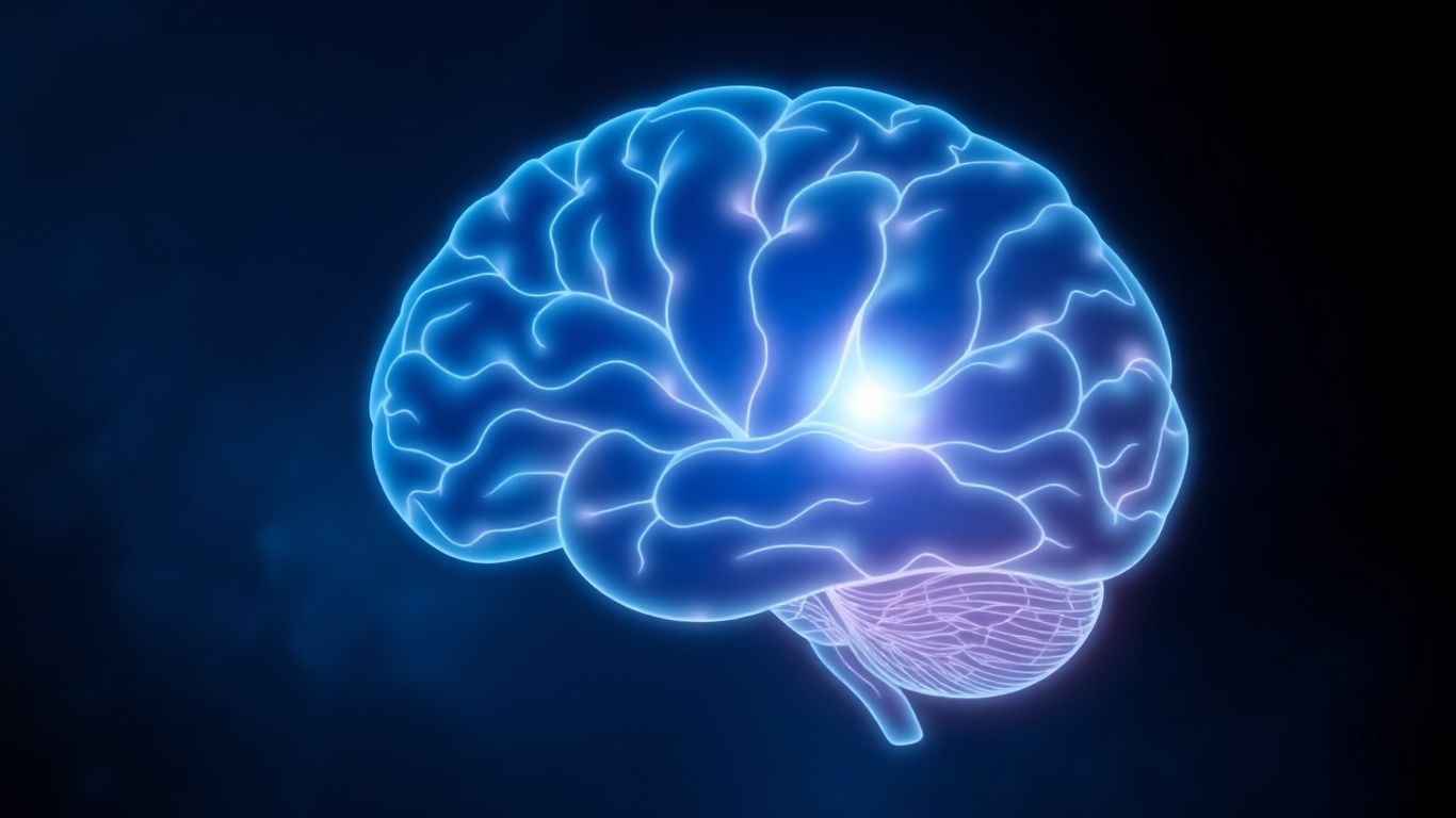Glowing brain with cosmic blue background.