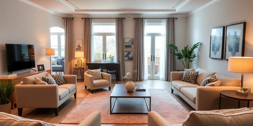 Cozy remodeled living room with modern furniture and decor.