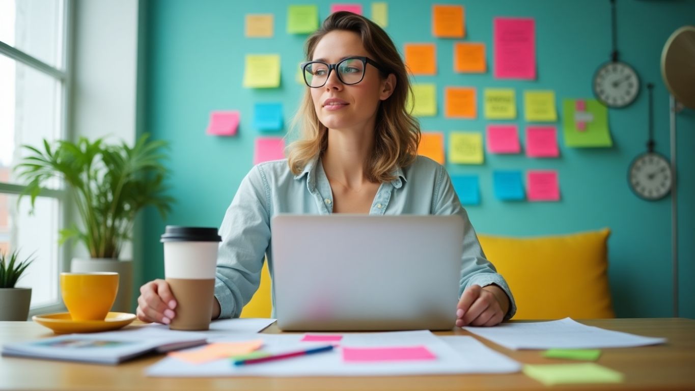 Person brainstorming with laptop and colorful sticky notes.