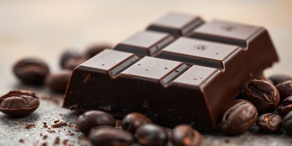 A rich dark chocolate bar with cocoa beans.