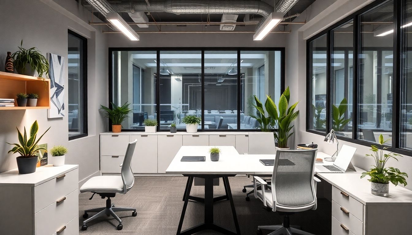 Modern small office with sleek furniture and bright lighting.