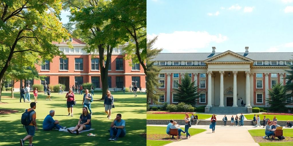 College campus and university architecture contrasting educational environments.