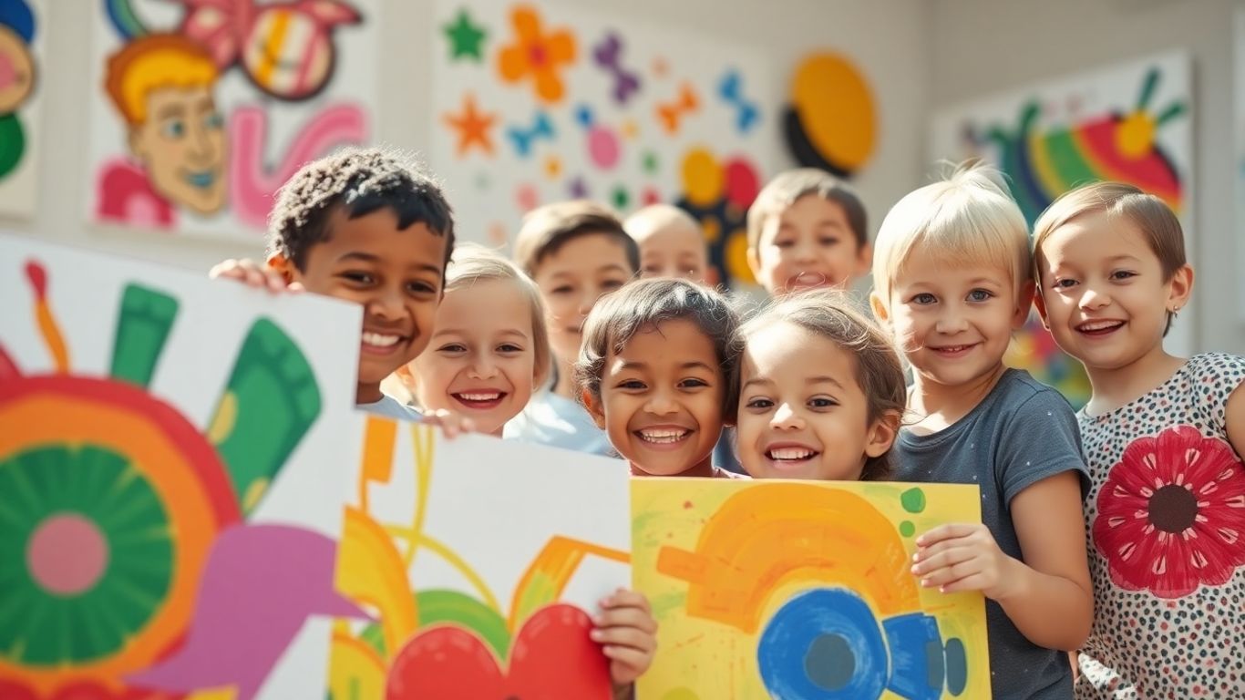 Children happily engaging with colorful, inspiring art.