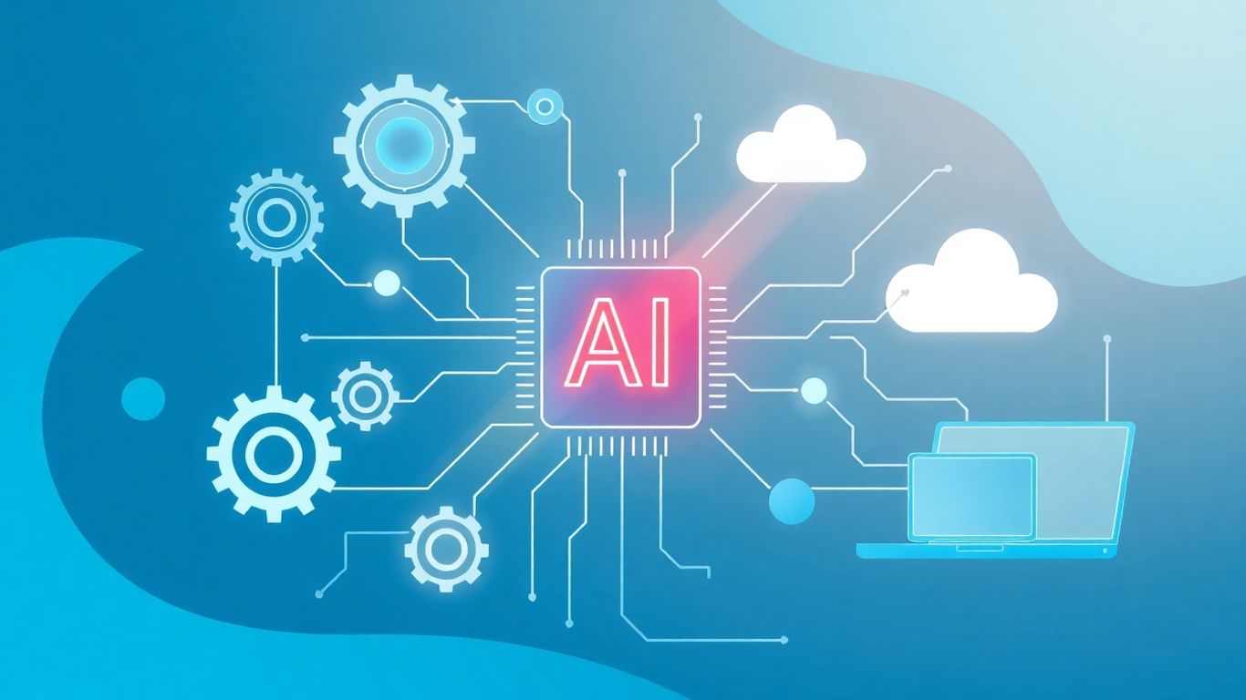 AI chip links to gears, robotic arm, clock, cloud, laptop.