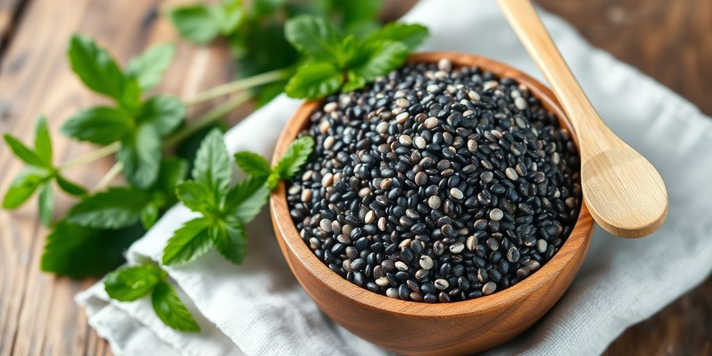 Wooden bowl of black and white chia seeds with mint.
