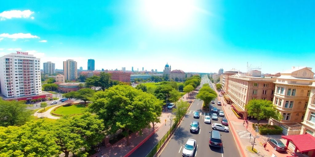 Colorful city street view from Google Maps.