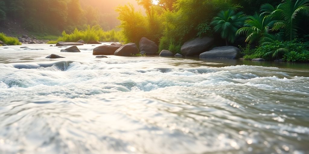 Tranquil landscape with flowing water and lush greenery.