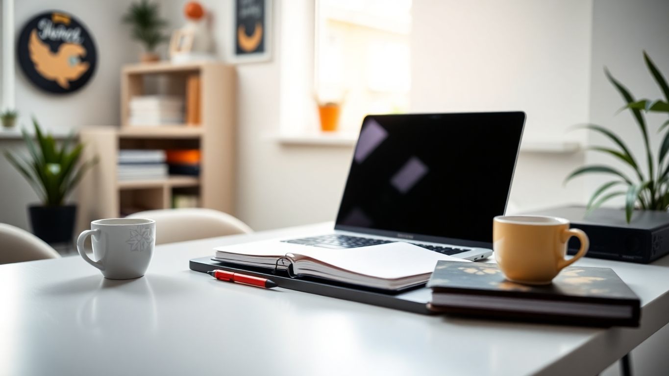 Laptop and notebook on a stylish modern desk.