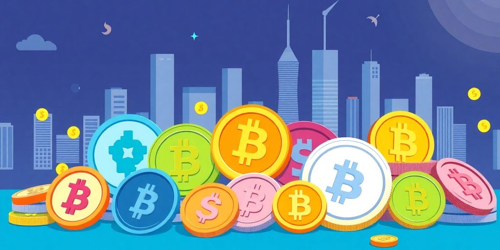 Illustrative image of various digital currencies and a skyline.