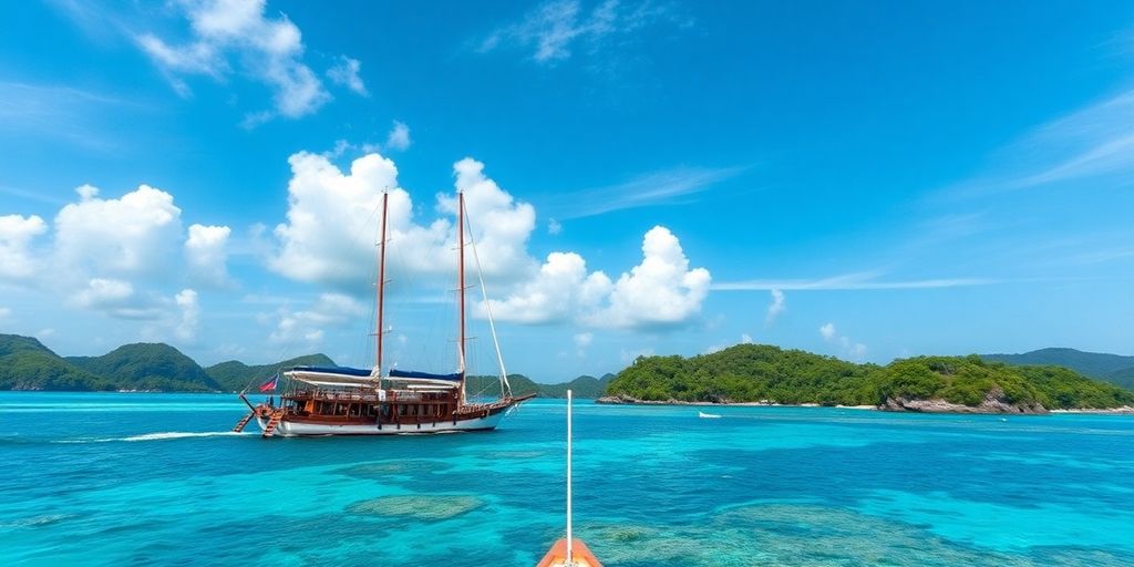 Catnazse Luxury Phinisi Cruise amidst stunning tropical scenery.