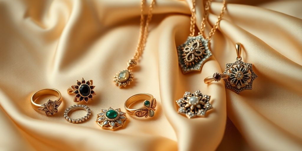 Bijoux anciens sur un tissu de soie.
