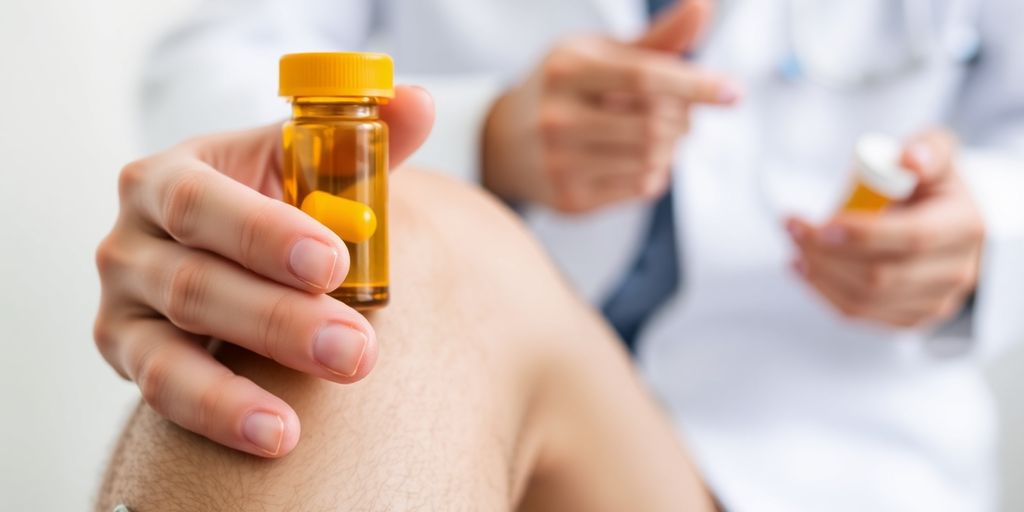 Man holding knee, bottle of pills, doctor's hand.