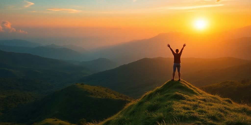 Person on a hilltop at sunrise, arms raised in triumph.