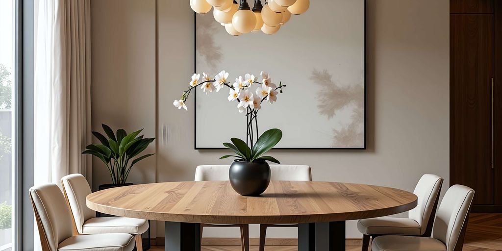 Modern dining room with a round table and elegant decor.